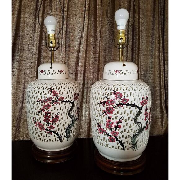 Chinese Porcelain Cherry Blossom Blanc de Chine Pierced Table Lamp Base - Picture 3 of 10